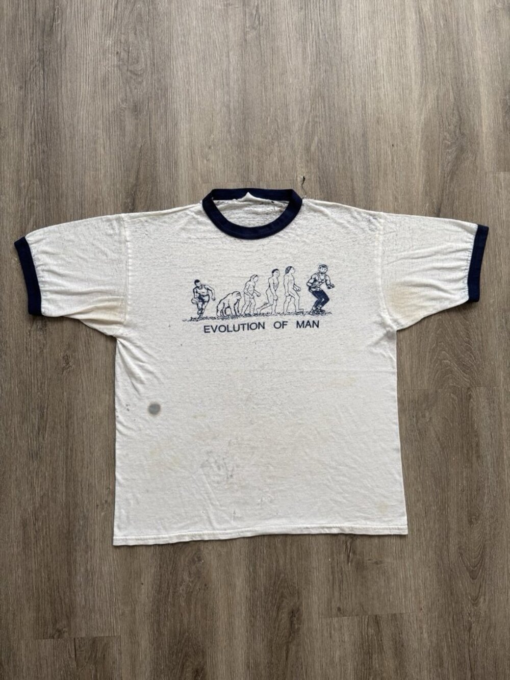 Rare Vintage 80s Evolution Of Man Paper Thin Sun Fade Ringer Tee Art Funny Large